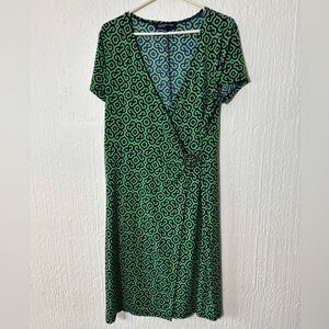 Jones New York Green and Black Patterned Wrap Midi Dress Women Size Large